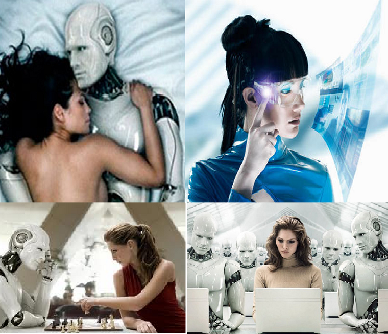 Colagem de imagens ilustrando a convivência e interação entre seres humanos e robôs humanoides em diversos cenários
